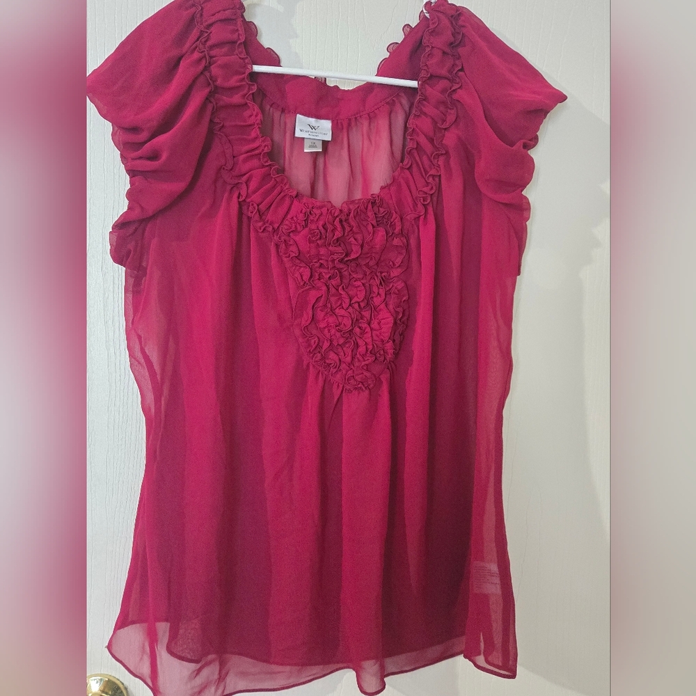 1X Worthington  Elegant Ruffled Lightweight Sheer Blouse